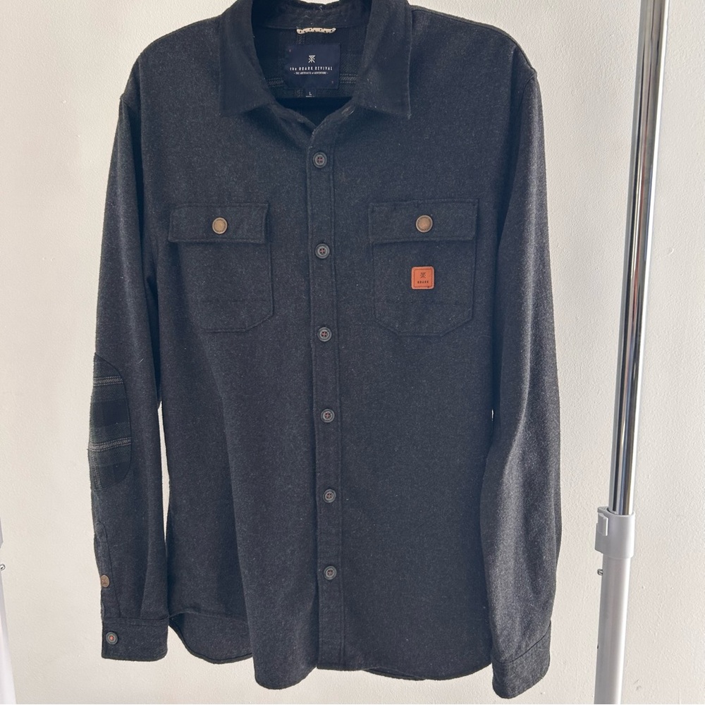 Men's Black Roark Revival REI Button-Down Wool Blend Shirt with elbow patches